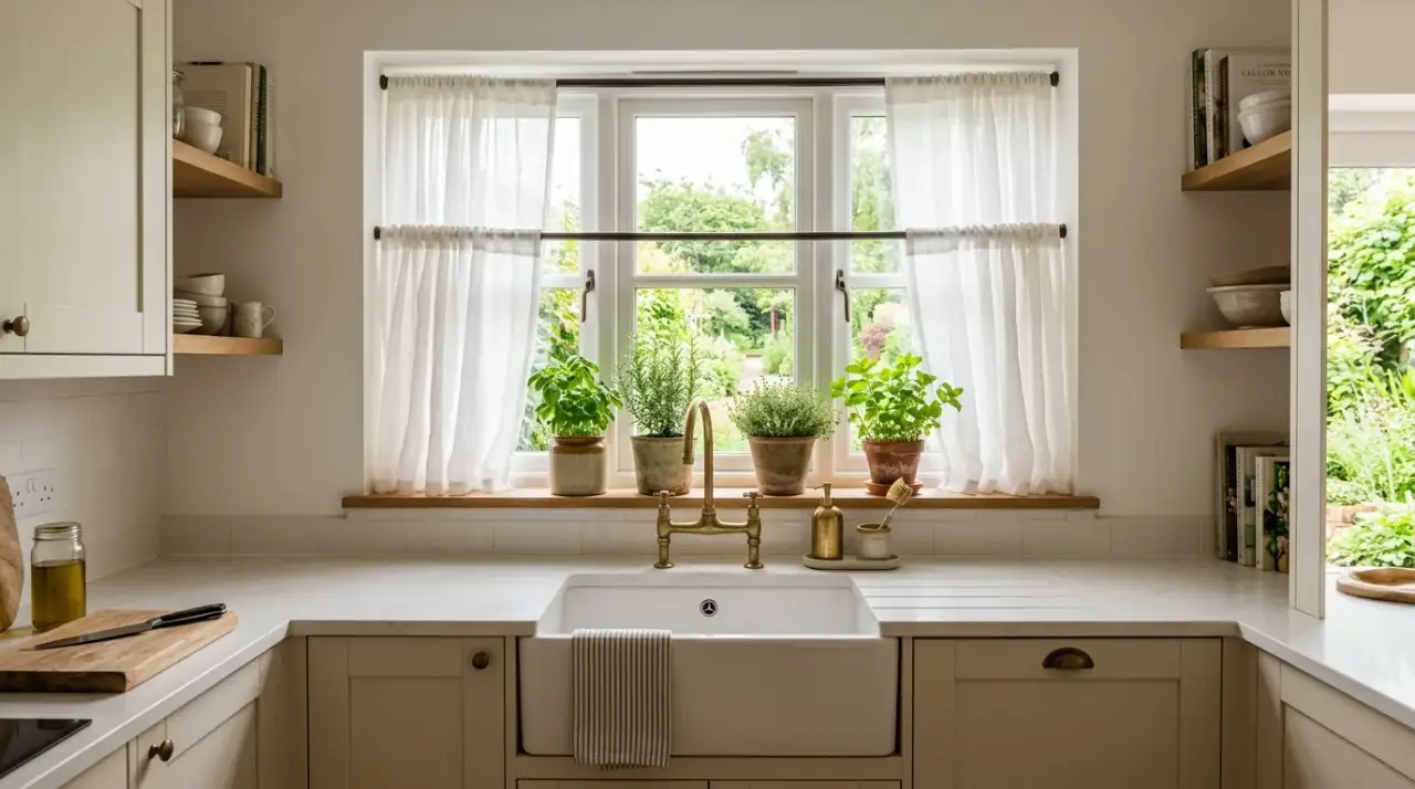Pretty kitchen window decor over the sink creating a charming focal point with light and softness.
