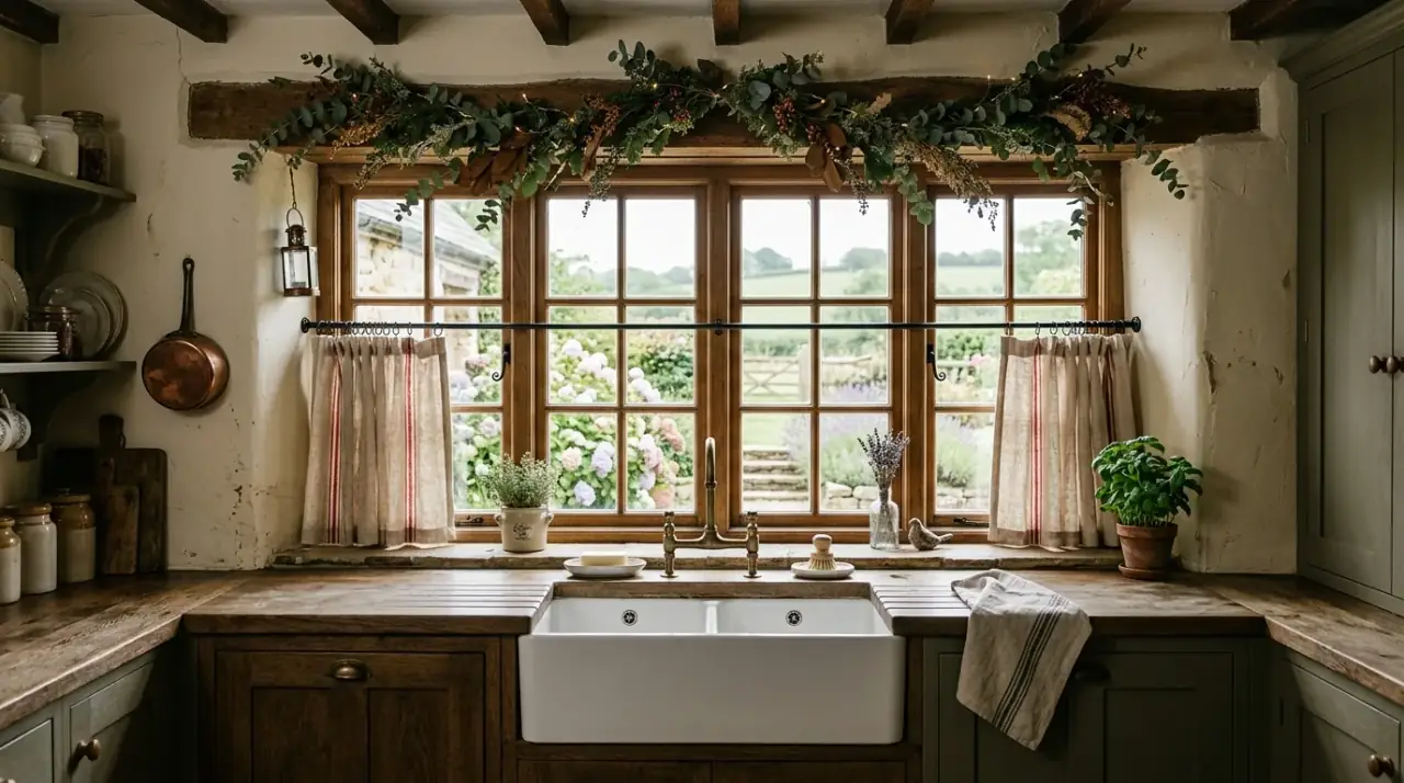 Plants on kitchen sink sill. Pretty kitchen sink window decorated with fresh small plants and herbs.