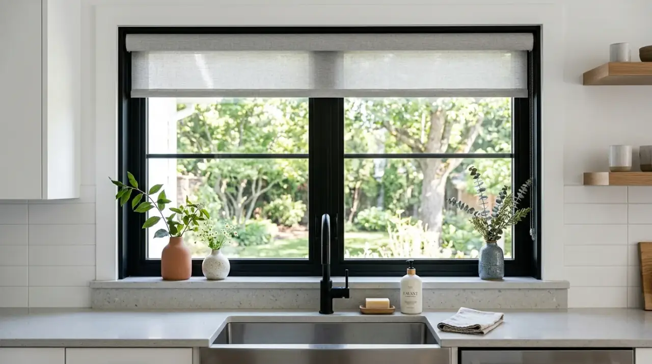 Shelf over sink window. Pretty kitchen sink window with a slim shelf for decor and herbs.