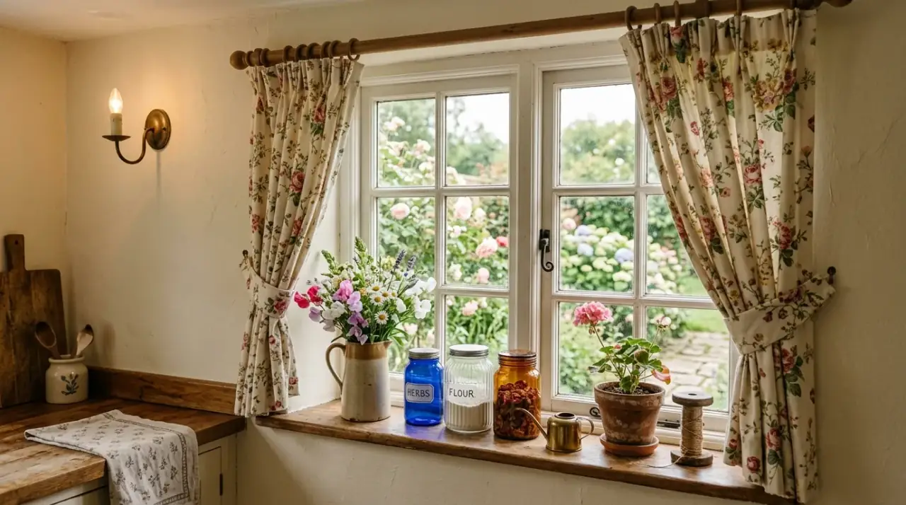 Roman shade kitchen window. Pretty sink window decor using a soft patterned Roman shade.