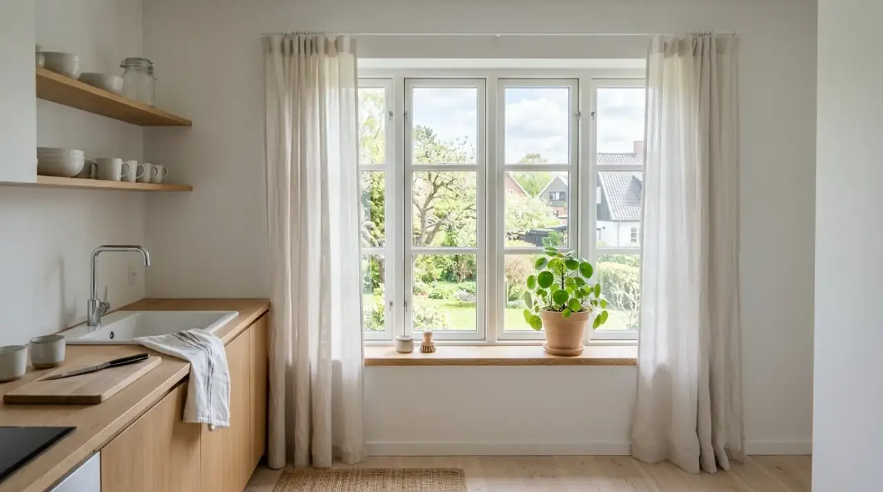 Styled sink accessories window. Pretty kitchen sink window area decorated with attractive practical accessories.