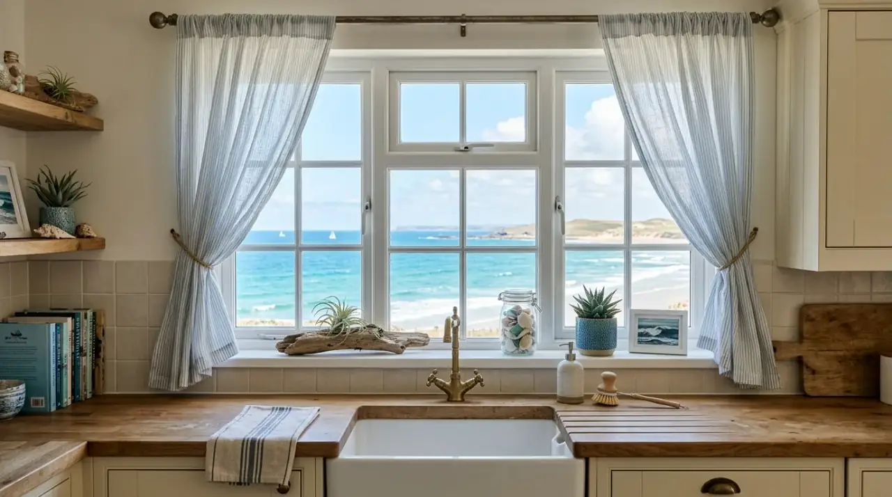 Tiled sink window decor. Pretty kitchen window over sink framed with decorative backsplash tile.