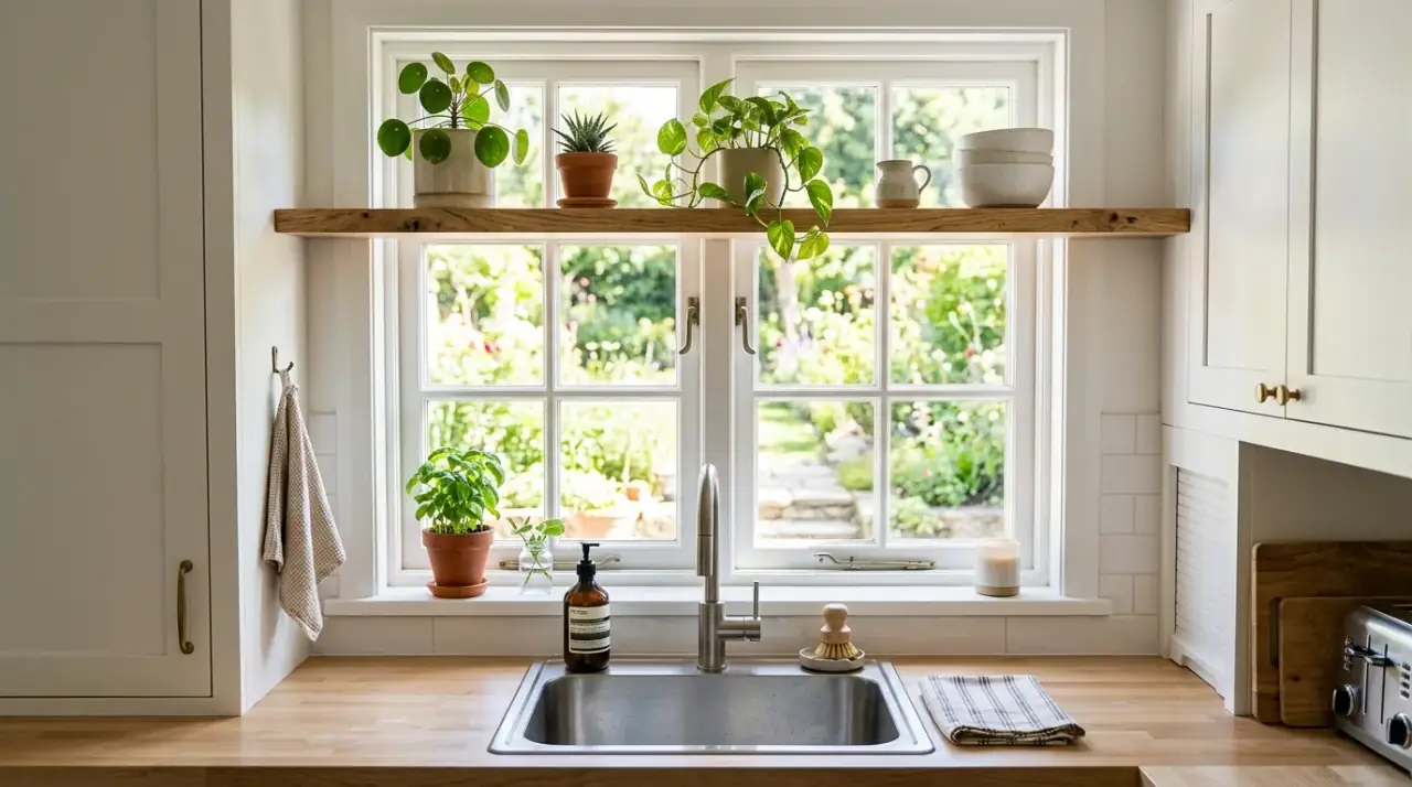 Seasonal kitchen sink window decor. Pretty sink window with a small seasonal decorative accent.
