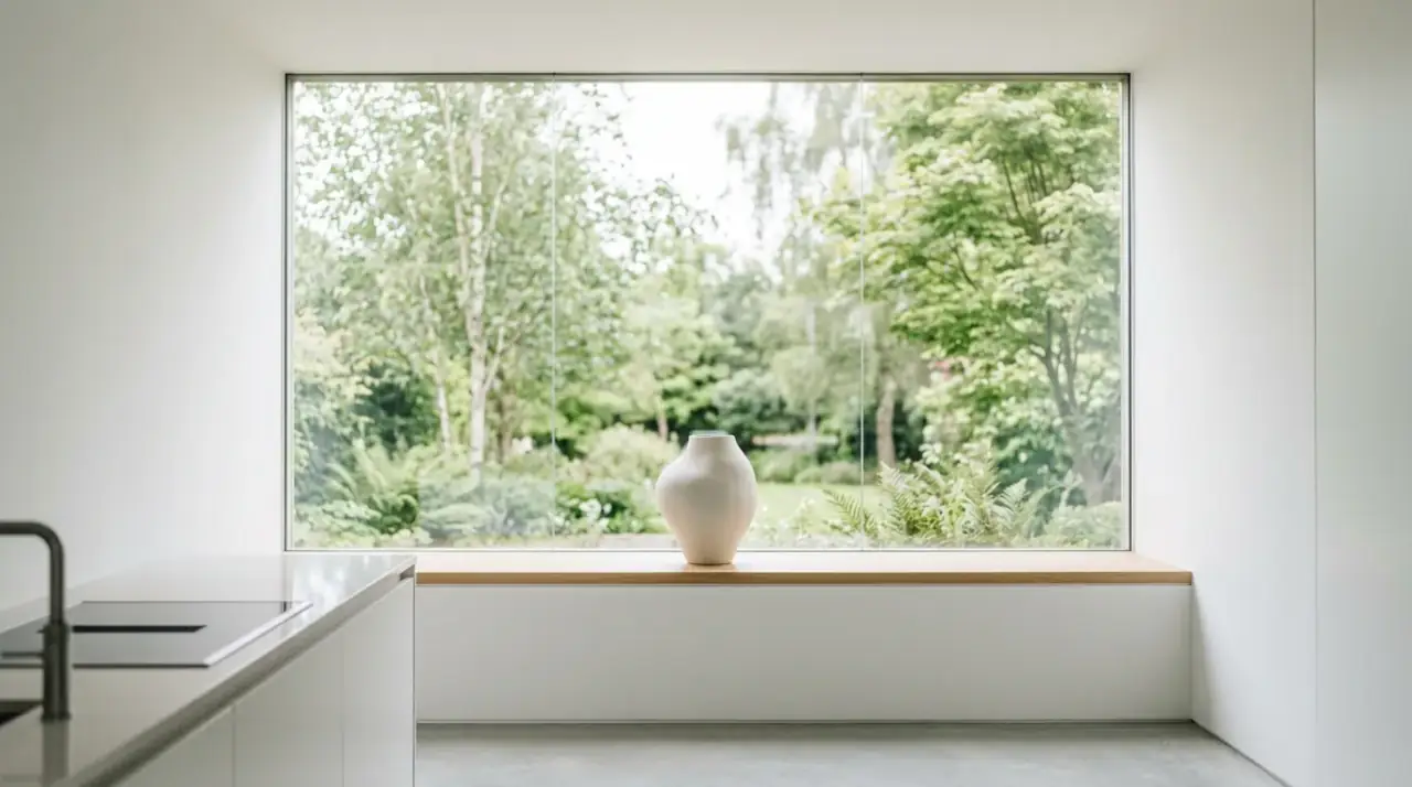 Low decor over sink window. Pretty kitchen sink window decor kept low to preserve the light and view.