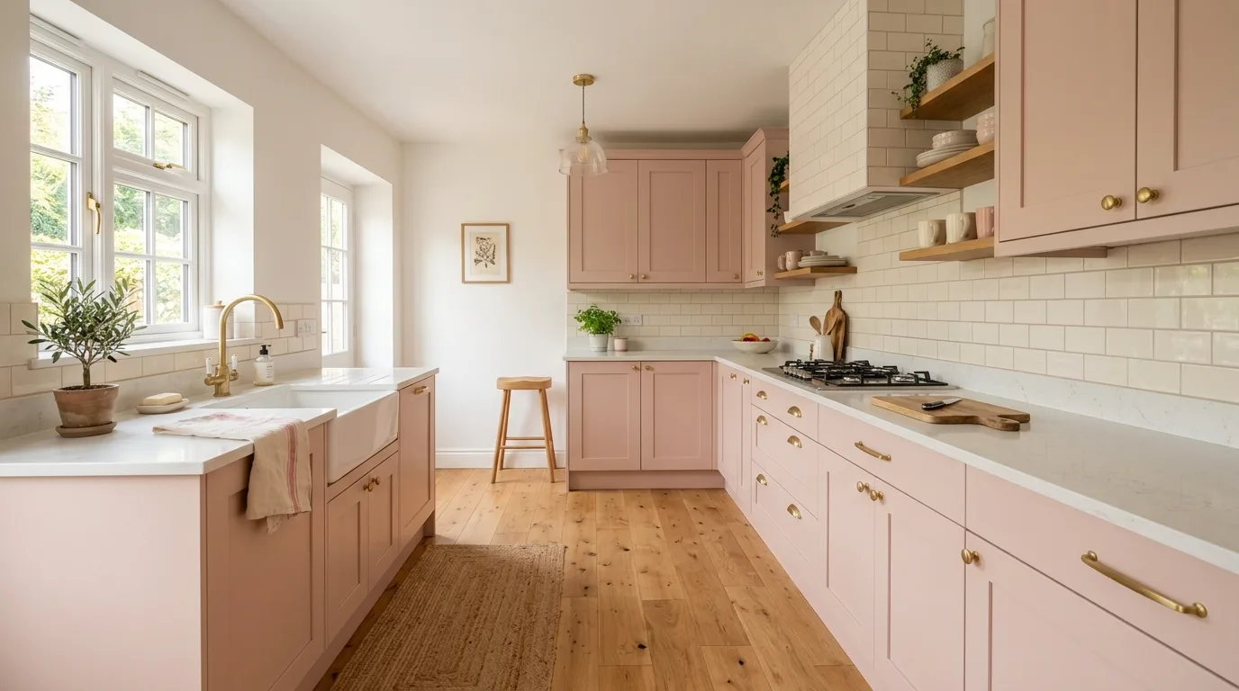 Pretty pink kitchen with soft feminine styling, pale cabinetry, and warm natural light.