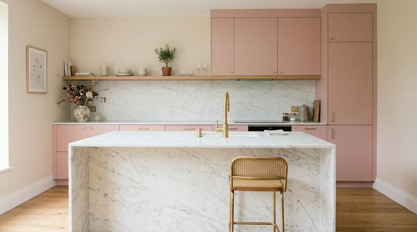 Pale pink flat-panel kitchen cabinets. Slim brass hardware, pale stone counters, and a bright modern feminine mood.