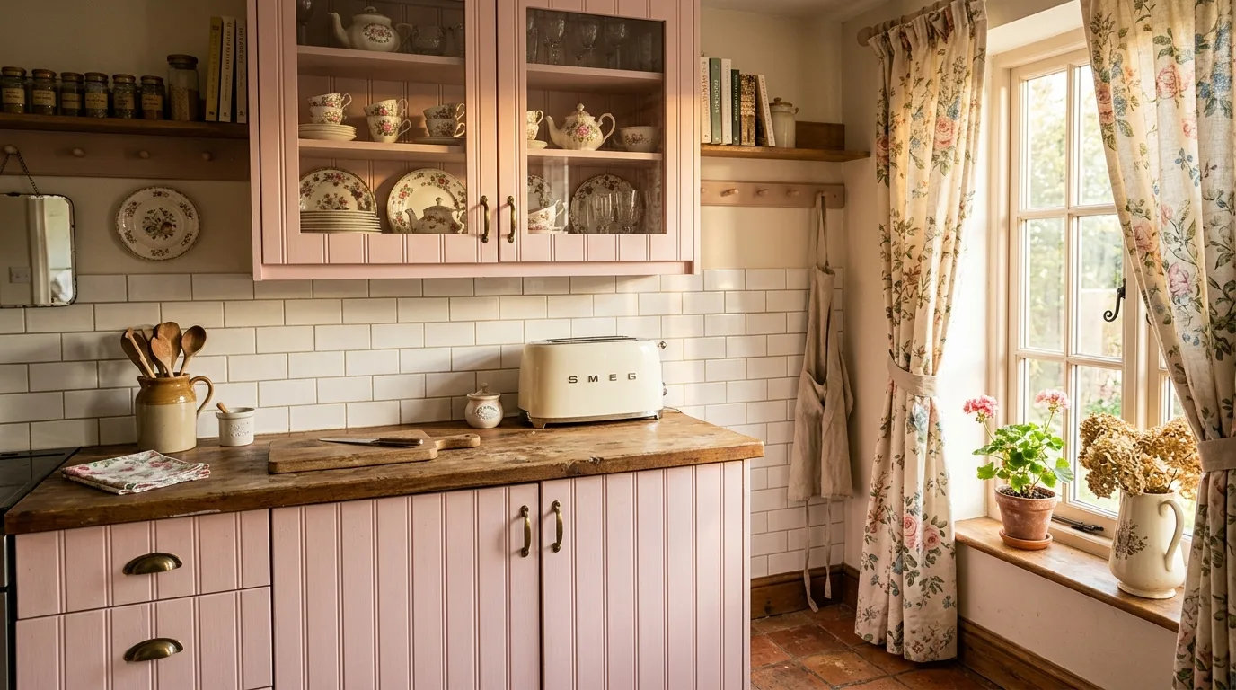 Pink beadboard kitchen cabinets. White tile, open shelving, and cottage-inspired feminine styling.