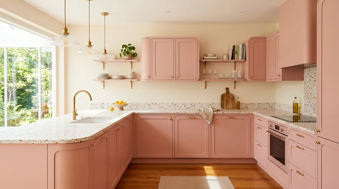 Rounded pink kitchen cabinetry. Cream stone counters, warm white walls, and a polished feminine atmosphere.