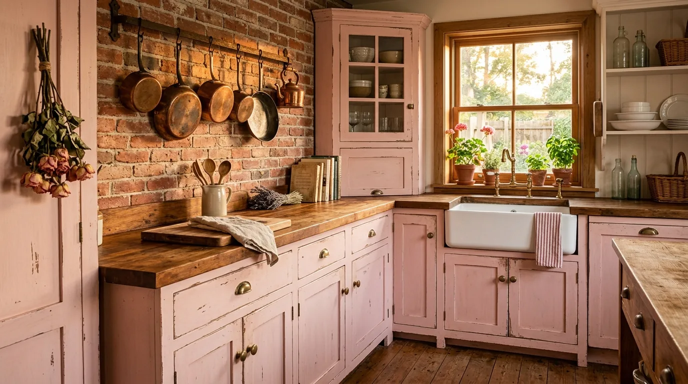 Pink kitchen cabinets with butcher block warmth. Wood surfaces, vintage details, and cozy evening light.