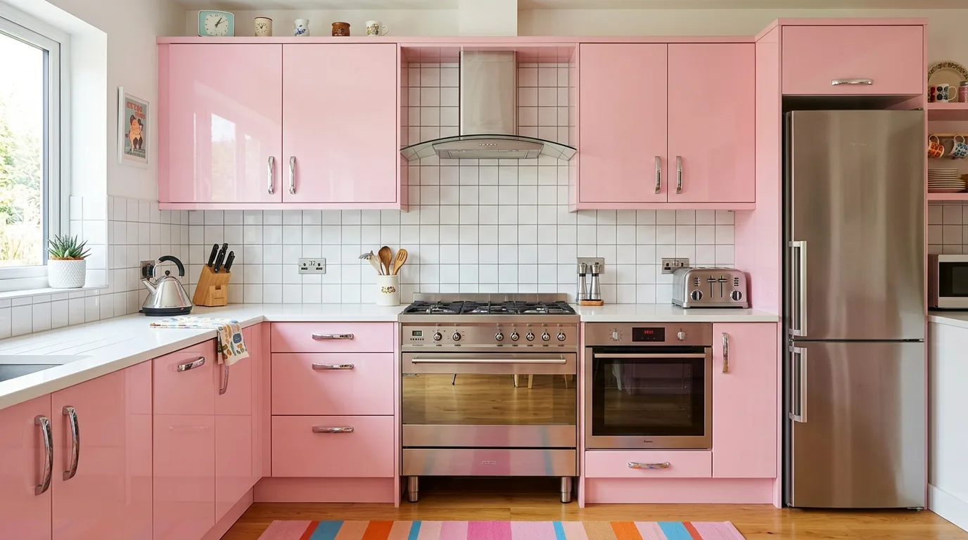 Gloss pink kitchen cabinets with chrome hardware. White tile backsplash and a bright modern reflective finish.