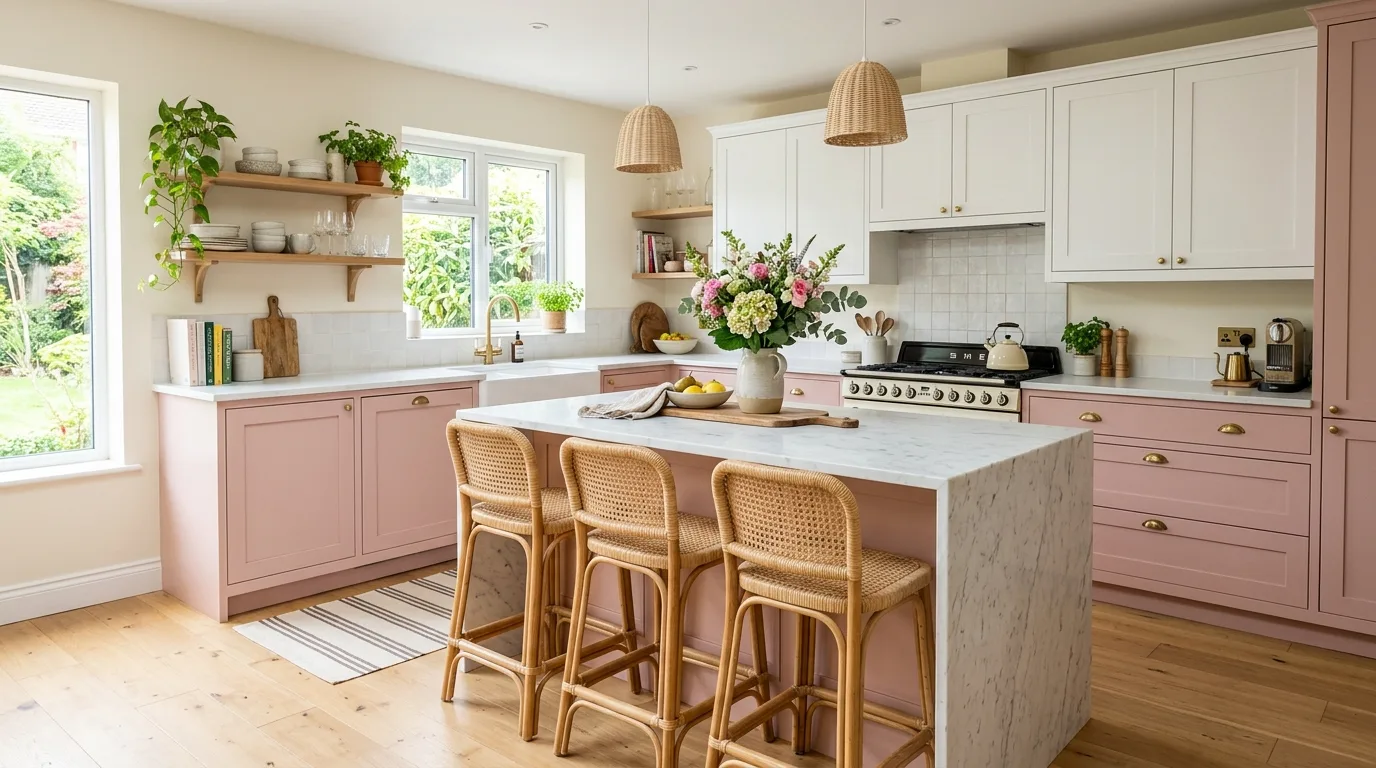 Pink lower cabinets with white upper cabinets. Pale counters, bright natural light, and a soft feminine balance.