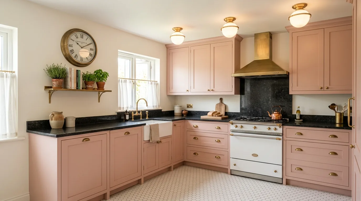 Pink kitchen with black accents. Soft cabinetry, defined contrast, and a more tailored feminine mood.