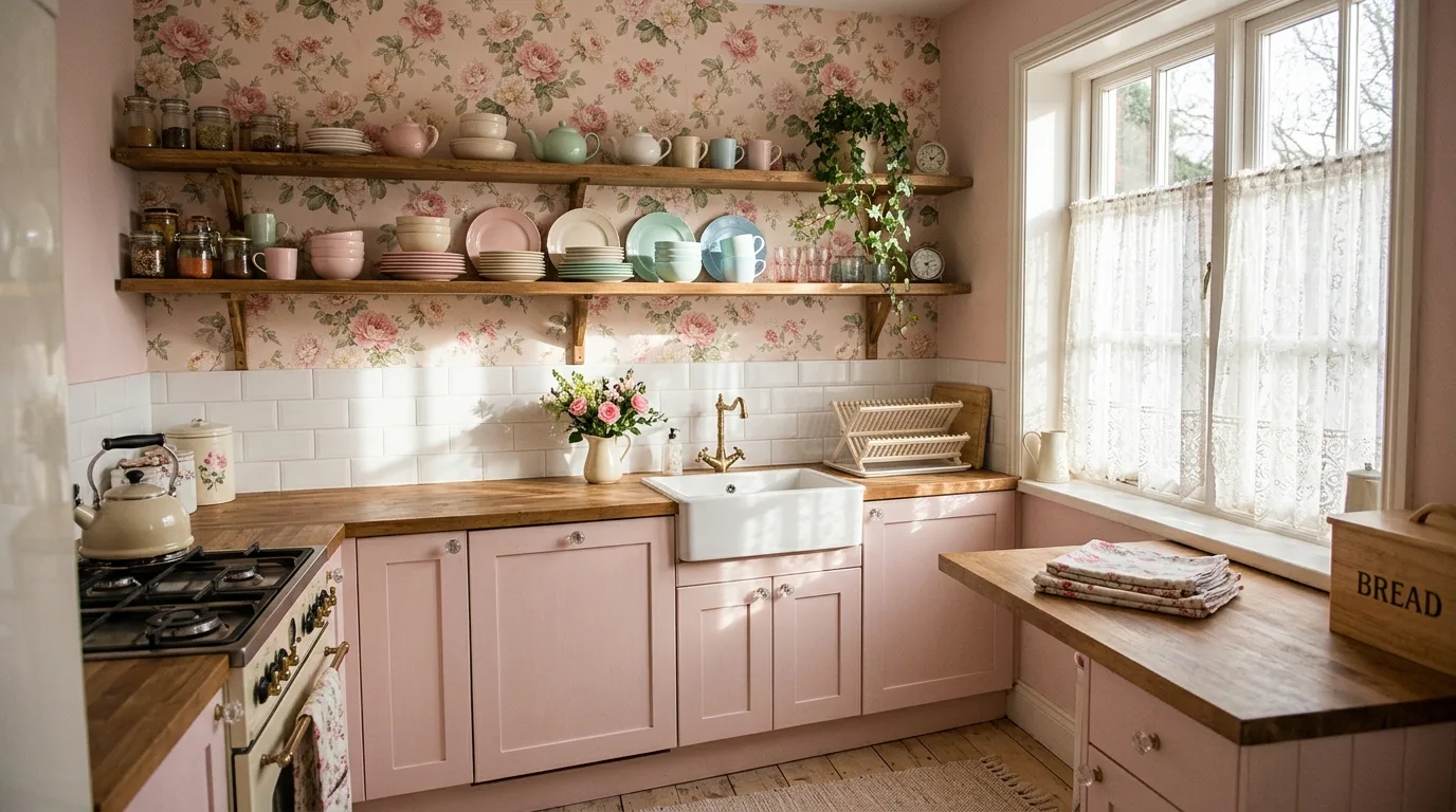 Pink kitchen cabinets with floral styling. White tile, open shelving, and soft romantic feminine details.