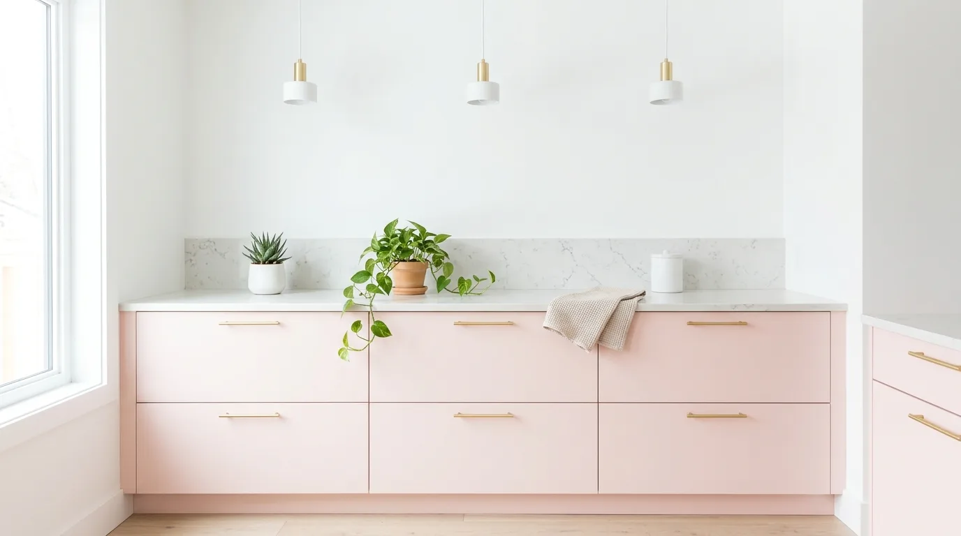 Minimal pink kitchen cabinets. Stone counters, white walls, and simple pendant lighting.