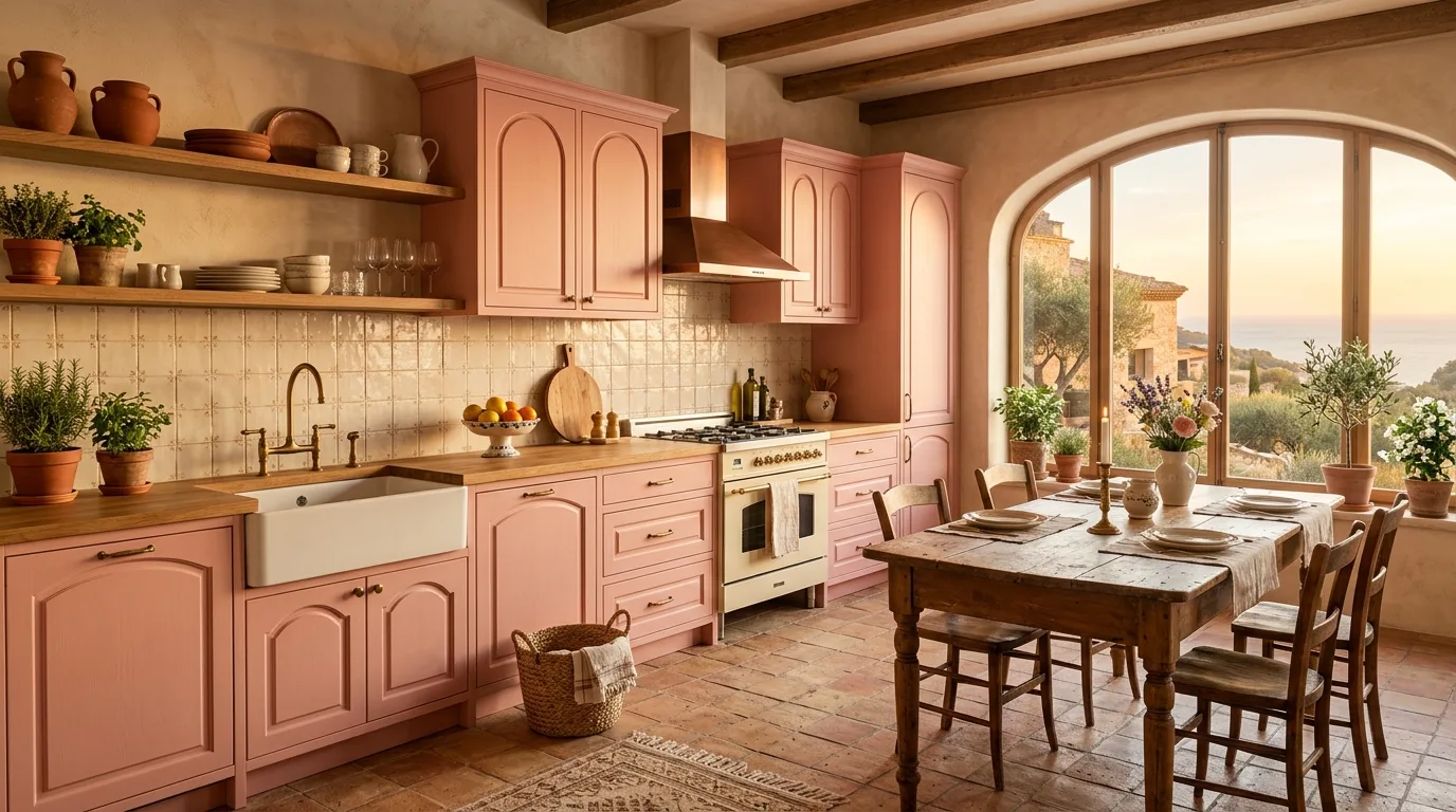 Pink kitchen with arched details and warm tile. Soft cabinetry, earthy flooring, and graceful feminine styling.
