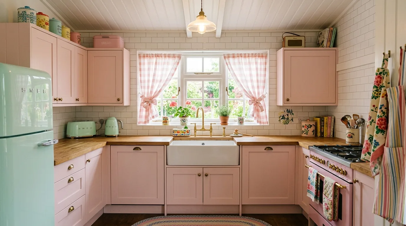 Pale pink kitchen with vintage contrast. Glossy white tile, cheerful accents, and bright feminine styling.