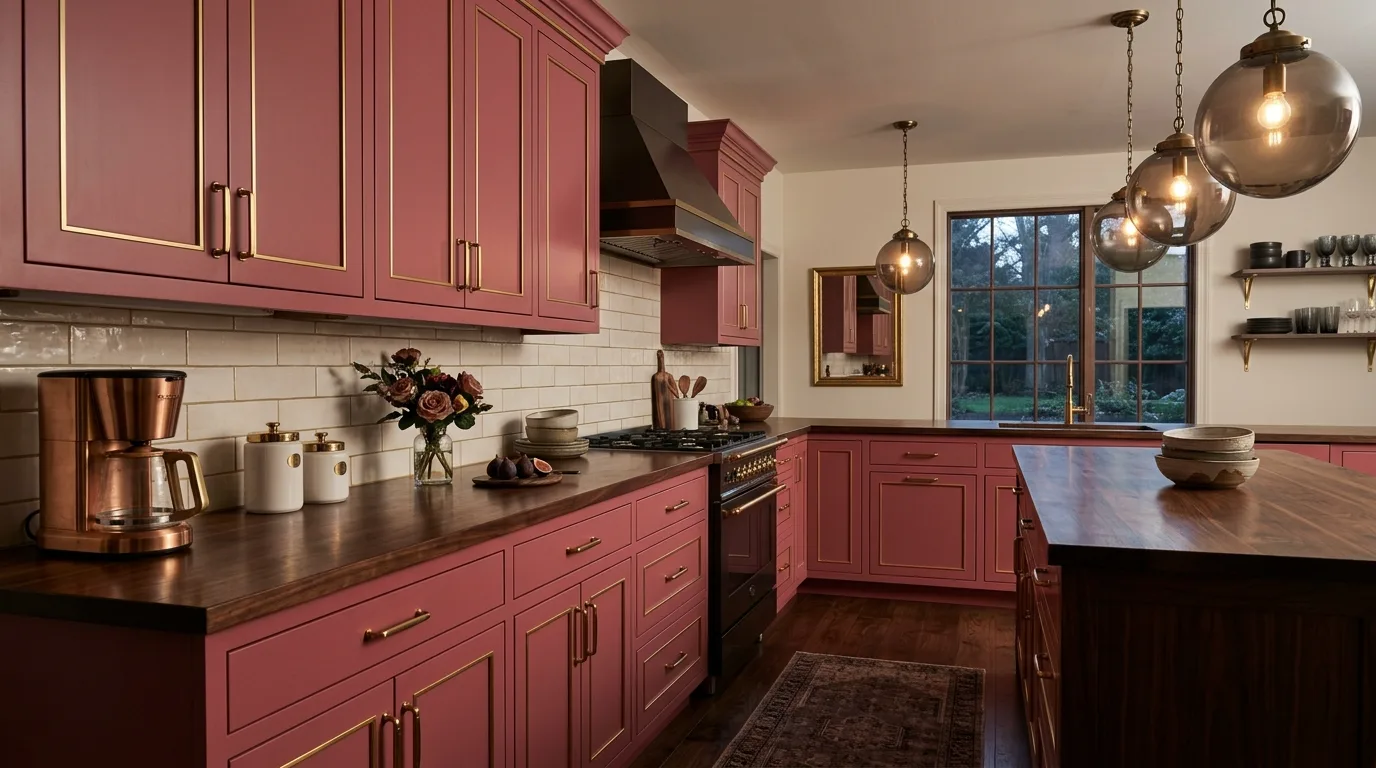 Deep pink kitchen with walnut and soft gold. Warm wood, subtle metallic accents, and sophisticated feminine styling.