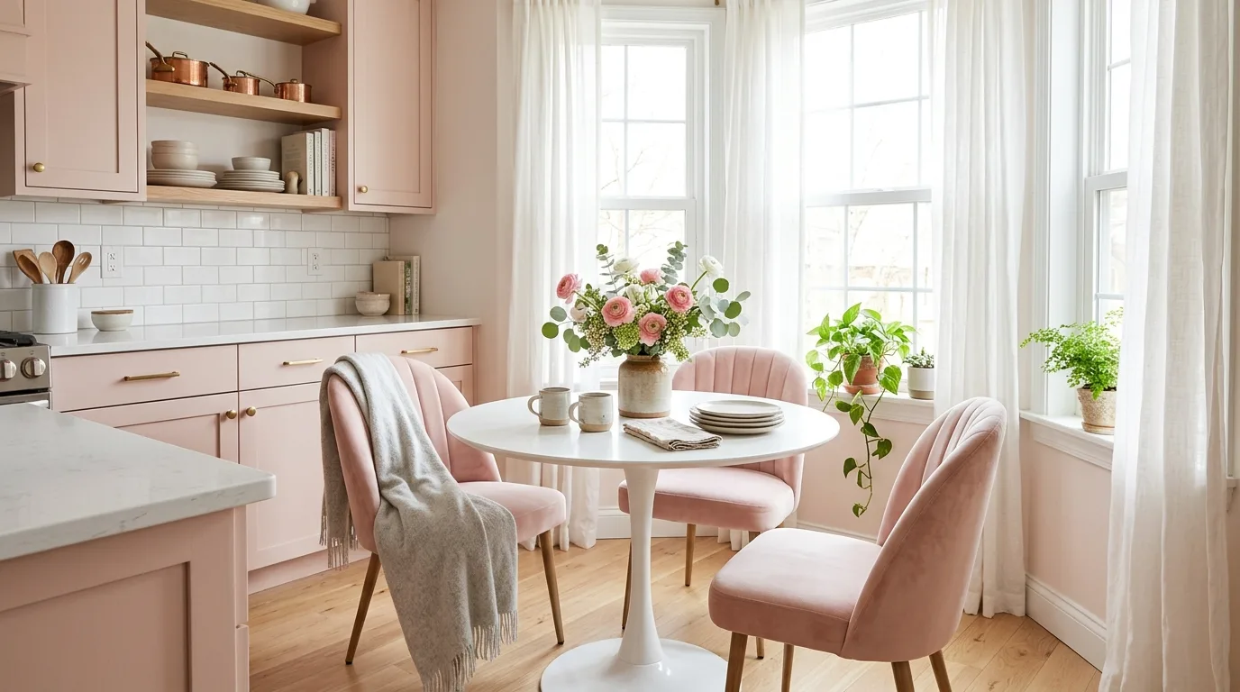Pink kitchen framing a cozy breakfast corner. Soft natural sunlight, pale walls, flowers, and feminine warmth.