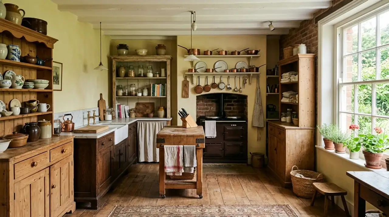 Relaxed unfitted kitchen with freestanding furniture, mixed finishes, and a collected over time look.