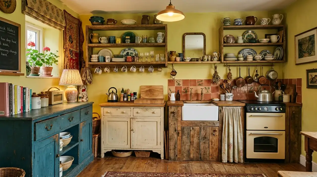 Mixed finish unfitted kitchen. Painted cabinetry and wood furniture creating a collected kitchen look.