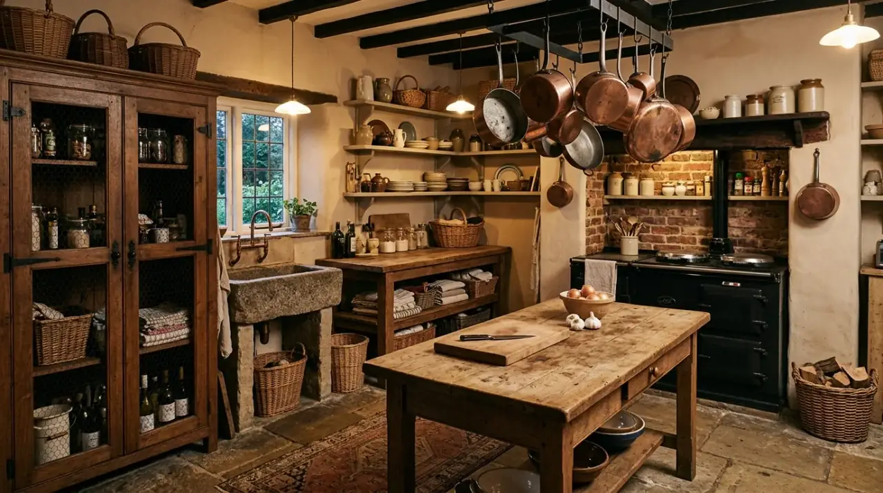 Open shelves unfitted kitchen. Partially open storage reinforcing a softer collected kitchen style.