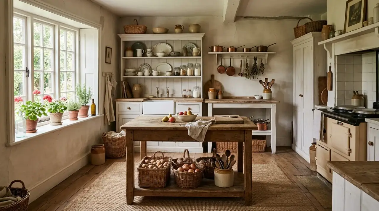 Hutch in unfitted kitchen. Furniture-style storage adding height and old-world character to the kitchen.