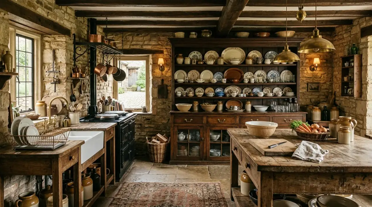 Skirted storage kitchen. Relaxed textile-covered storage supporting an unfitted kitchen look.