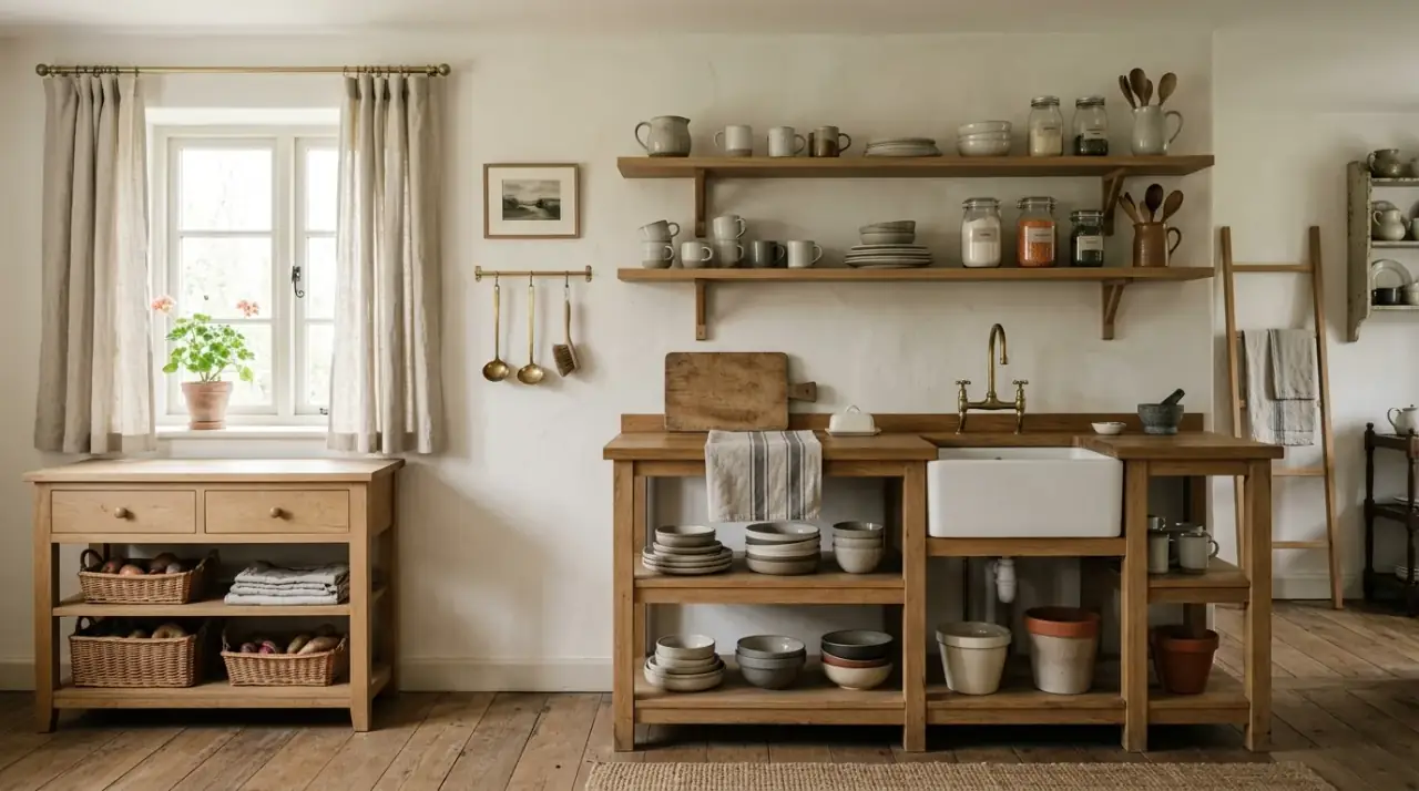 Furniture-leg kitchen cabinetry. Legged cabinetry and tables creating a softer unfitted kitchen profile.