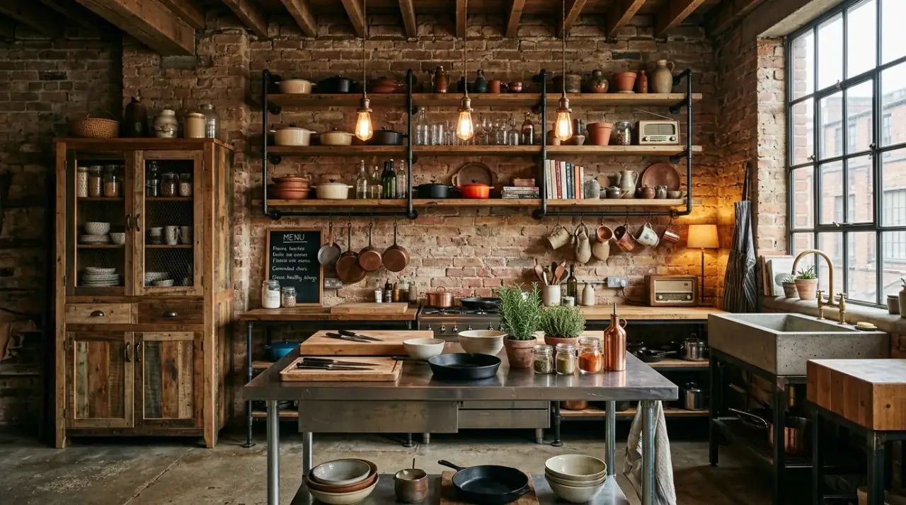 Visible crockery unfitted kitchen. Everyday dishes and jars contributing to a collected kitchen atmosphere.