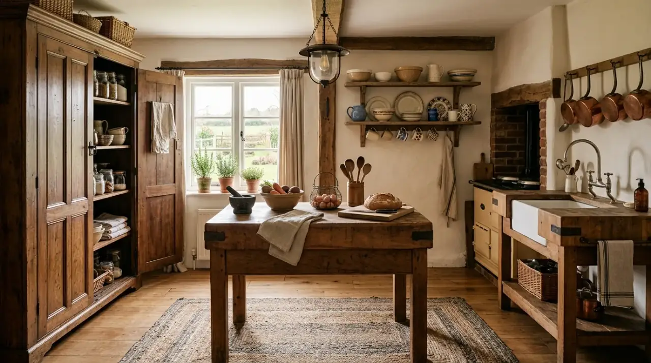 Gentle palette unfitted kitchen. Soft lived-in colors supporting a relaxed unfitted kitchen style.