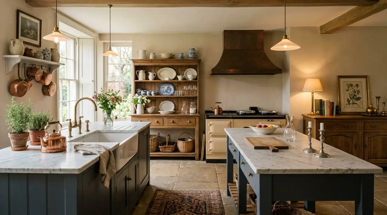 Inherited furniture kitchen. Aged furniture pieces adding memory and warmth to the kitchen.