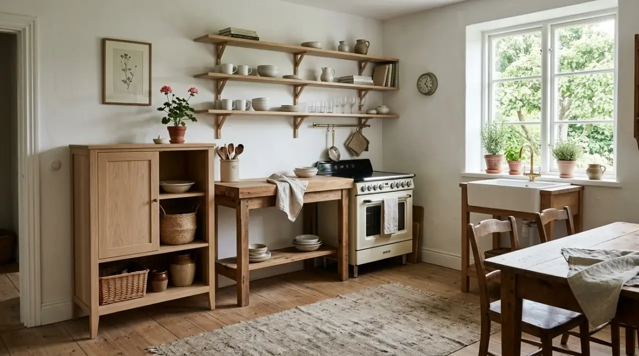 Imperfect unfitted kitchen. Collected kitchen style embracing variation and visible character.