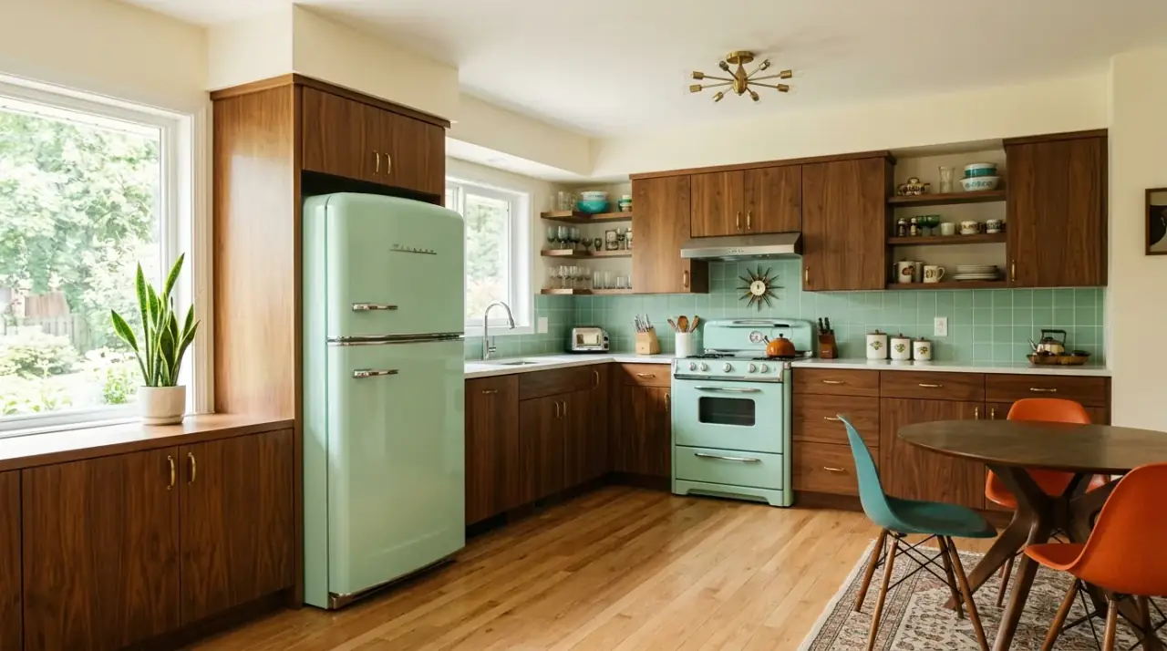 Retro mid-century modern kitchen appliances styled for authentic period character.