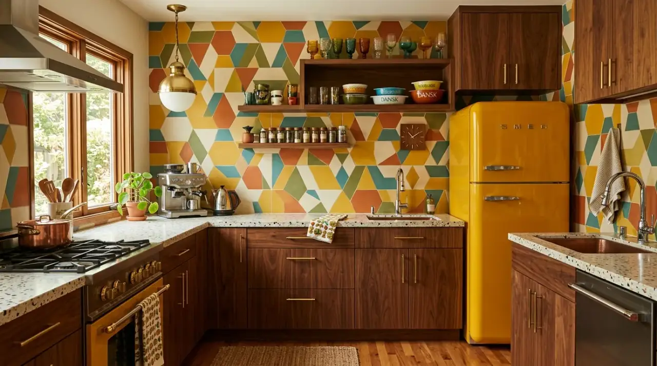 Retro refrigerator mid-century kitchen. Vintage-inspired fridge creating a strong focal point in the kitchen.