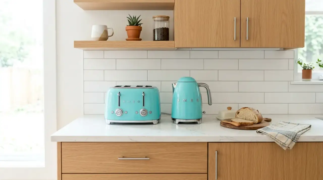 Stainless appliances in mid-century kitchen. Modern metal finishes balanced by wood and warmth in a retro kitchen.