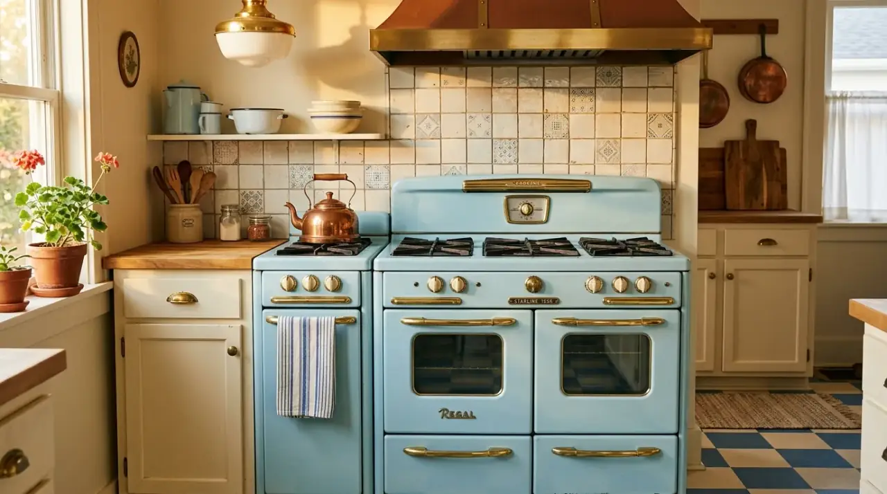 Colorful retro kitchen appliances. Accent appliance colors helping a mid-century kitchen feel more authentic and fun.