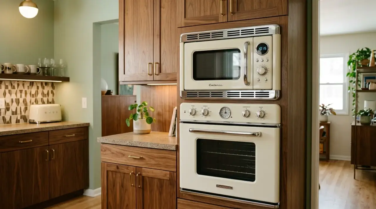 Mid-century kitchen range area. Well-framed cooking zone helping appliances fit a retro-modern kitchen better.