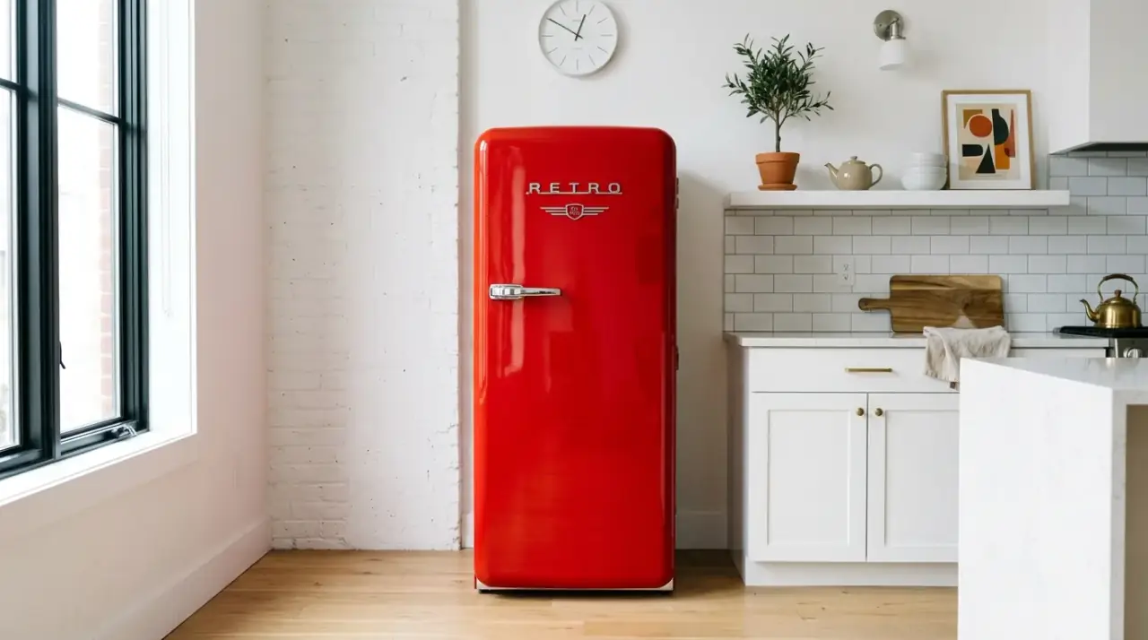 Hidden countertop appliances. Cleaner surfaces helping a retro kitchen maintain visual calm and authenticity.