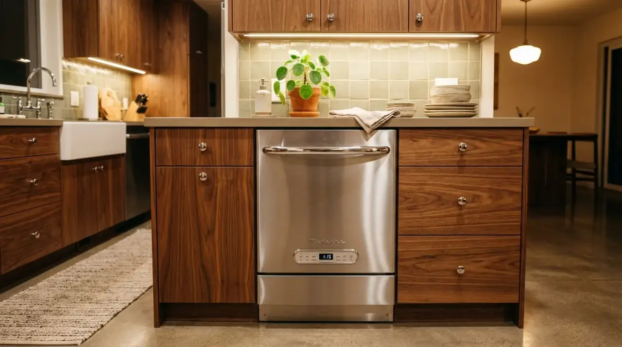 Compact retro kitchen appliances. Well-scaled appliances preserving flow in a smaller mid-century kitchen.