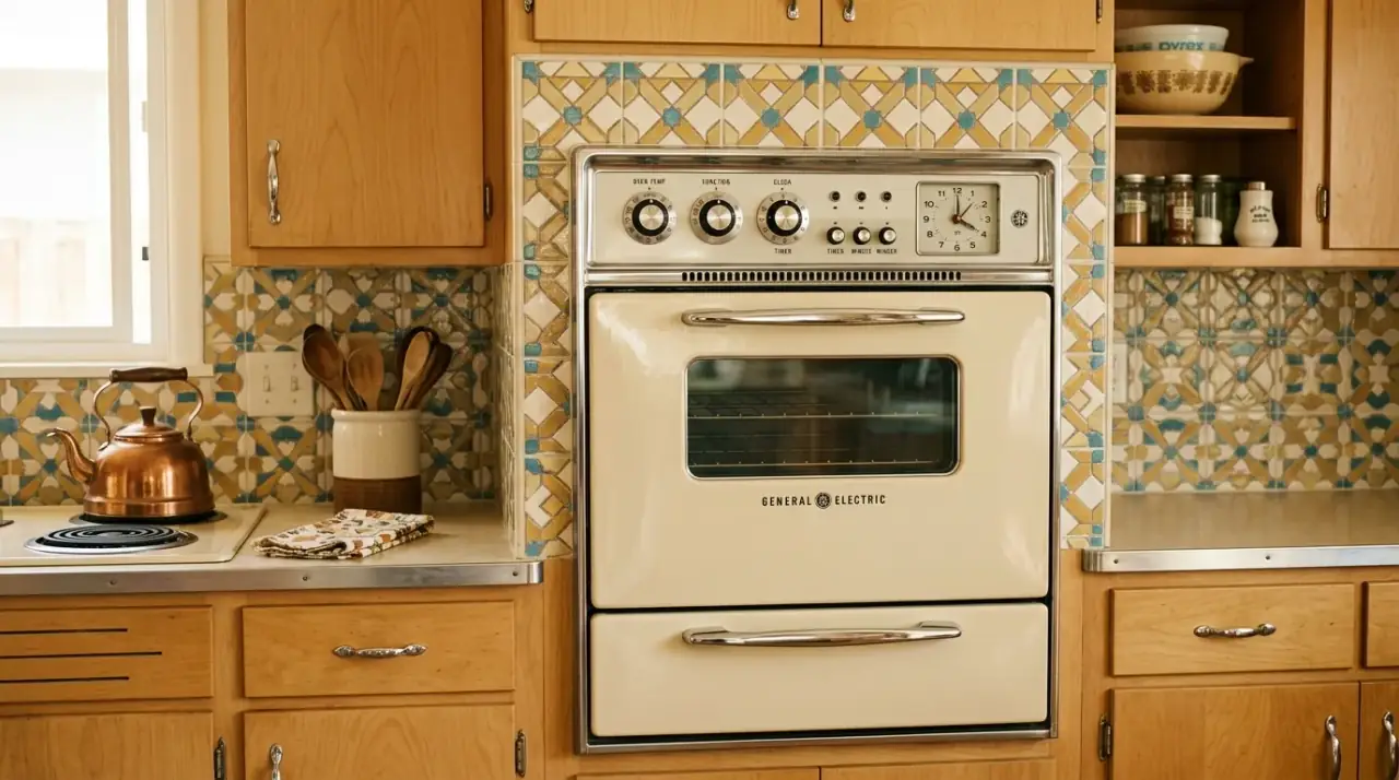 Retro kitchen materials around appliances. Warm light and period finishes helping appliances fit the mid-century design language.