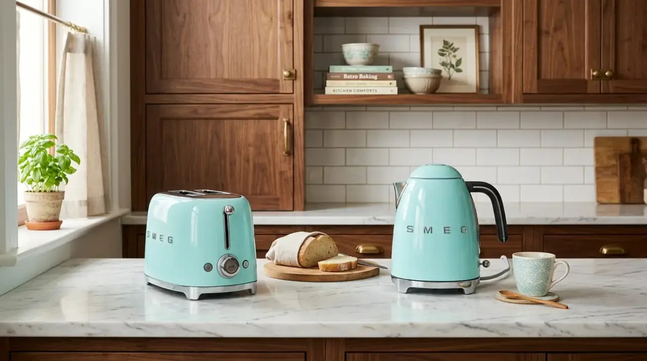 Mid-century appliance overview. Retro-modern appliance choices supporting a cohesive and authentic kitchen design.