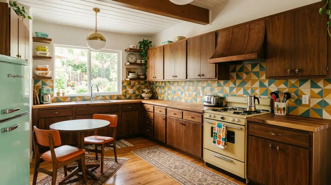 Retro mid-century modern kitchen backsplash adding vintage flair through color, tile, and geometric pattern.