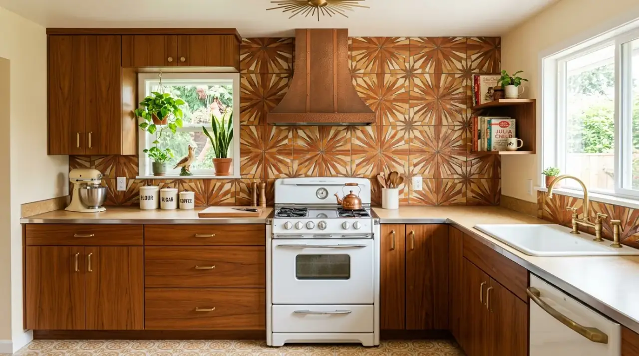 Geometric mid-century backsplash. Retro kitchen backsplash using geometric tile for vintage modern flair.