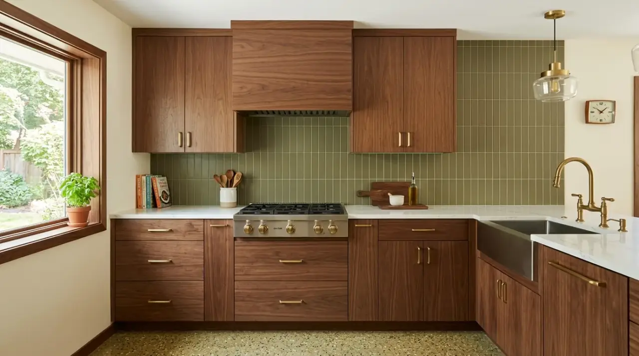 Mustard retro backsplash. Mid-century kitchen backsplash in mustard tile with sunny vintage character.