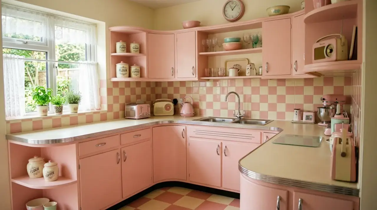 Penny tile retro backsplash. Vintage-inspired kitchen backsplash using penny tile for subtle retro texture.