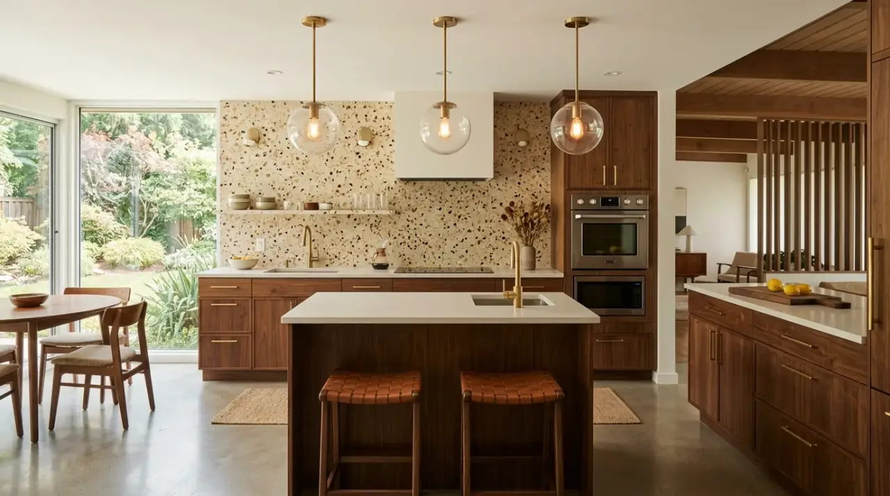 Walnut cabinets with retro backsplash. Mid-century kitchen with warm wood cabinets and a creamy vintage-friendly backsplash.