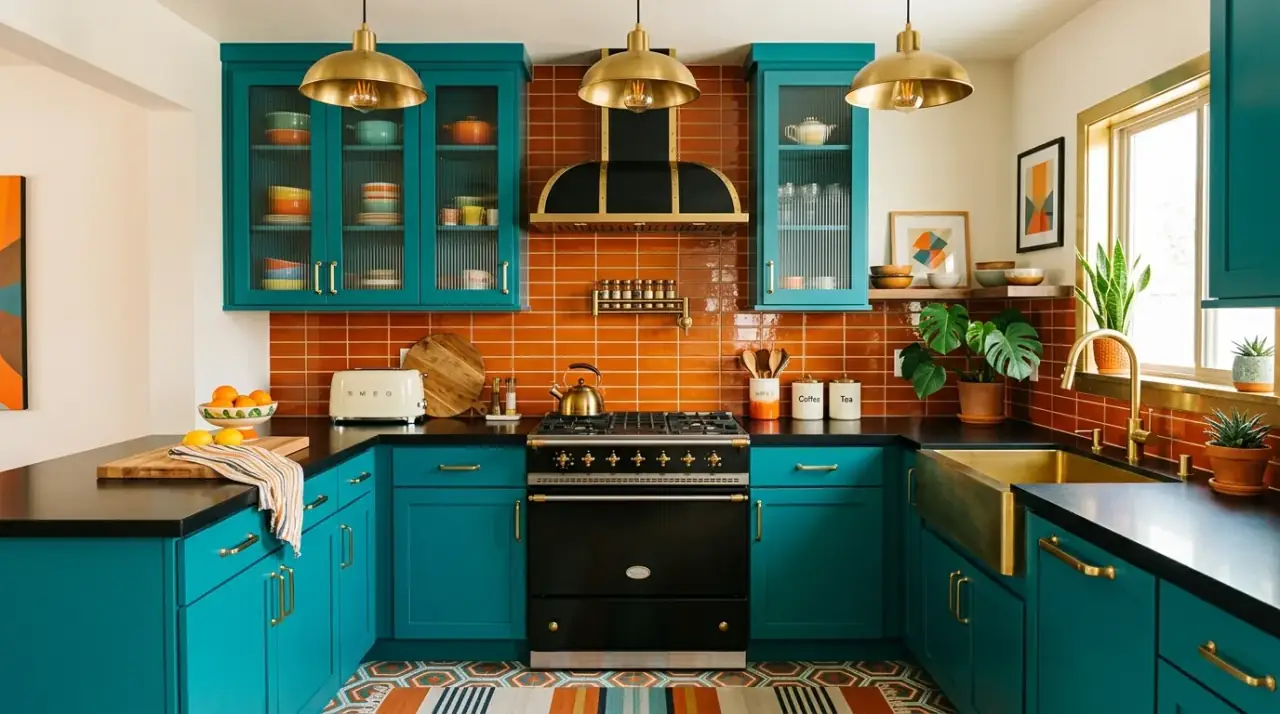 Atomic mid-century backsplash. Retro kitchen backsplash with controlled atomic-inspired pattern and shape.