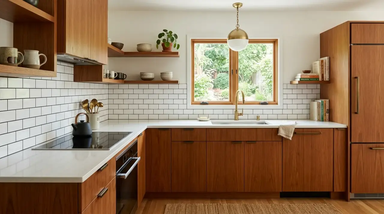 Desert tone retro backsplash. Mid-century inspired backsplash in handmade-look tile with desert hues.
