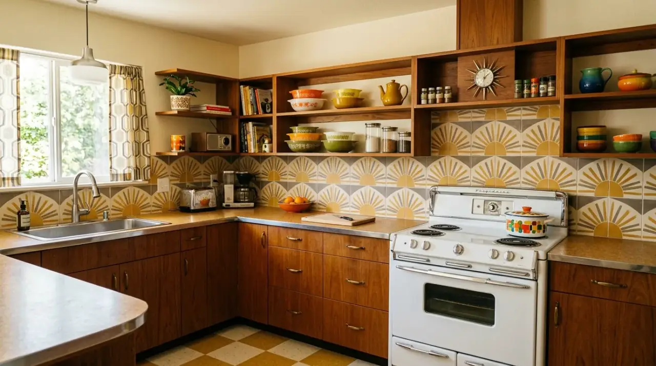 Horizontal stack retro backsplash. Mid-century modern kitchen backsplash with clean horizontal stacked tile.