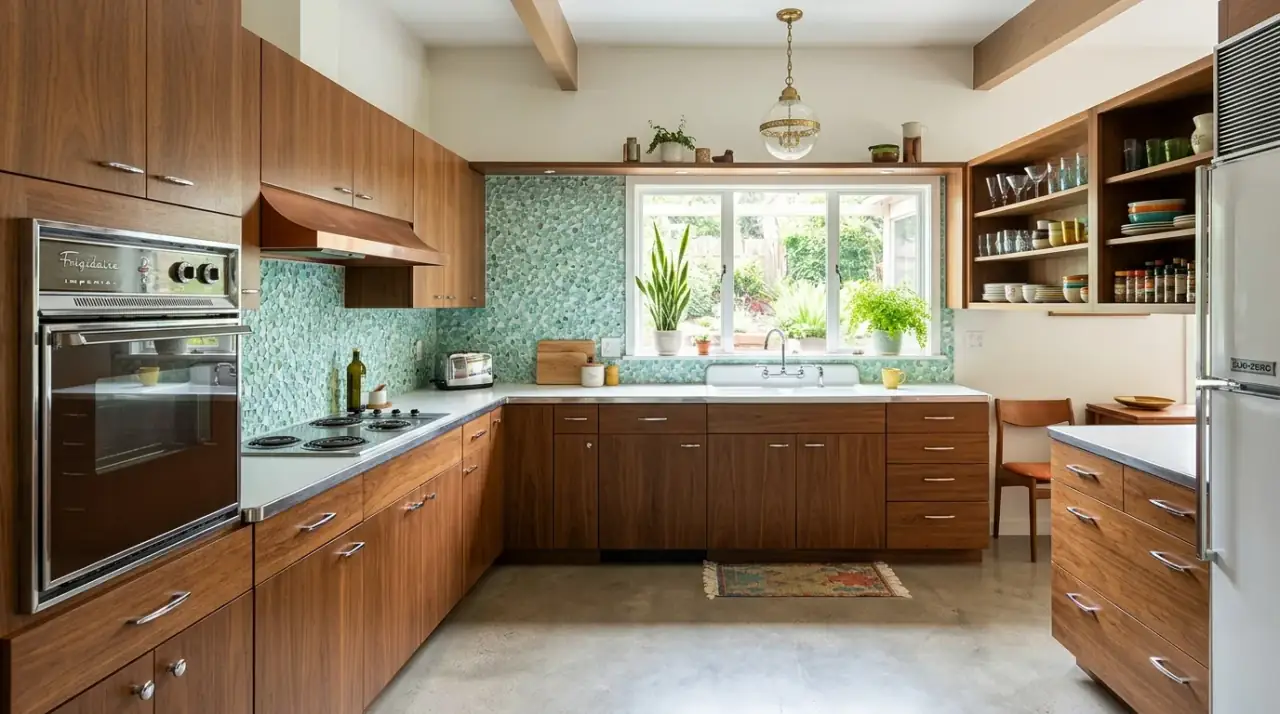 Turquoise retro kitchen backsplash. Vintage-inspired backsplash in turquoise tile for playful mid-century charm.
